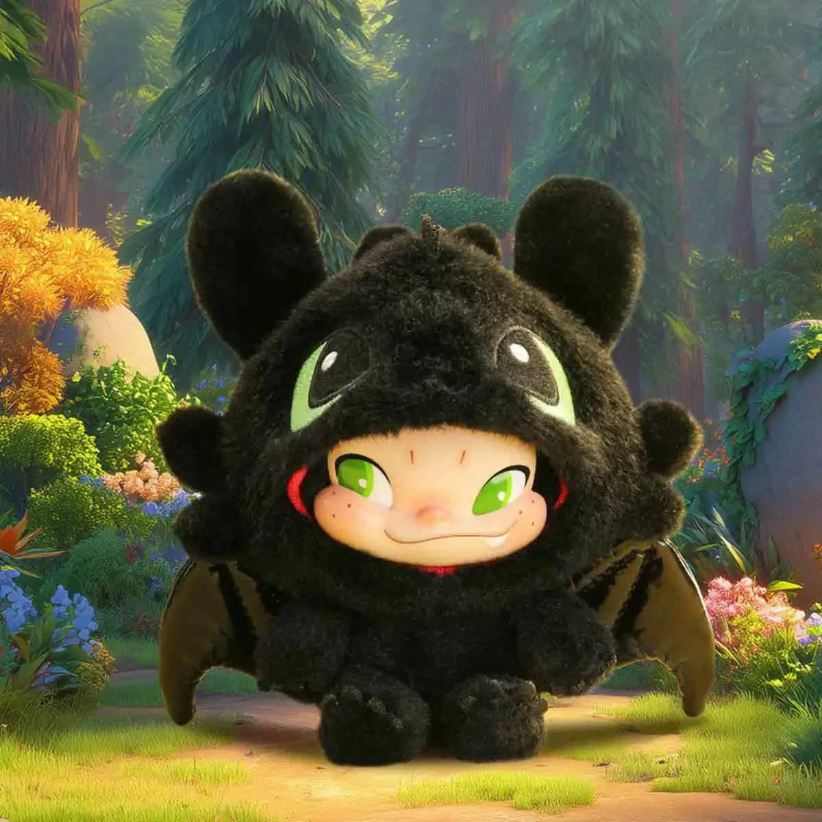 NINNIC as Toothless with glowing green dragon eyes in a forest, limited edition plush