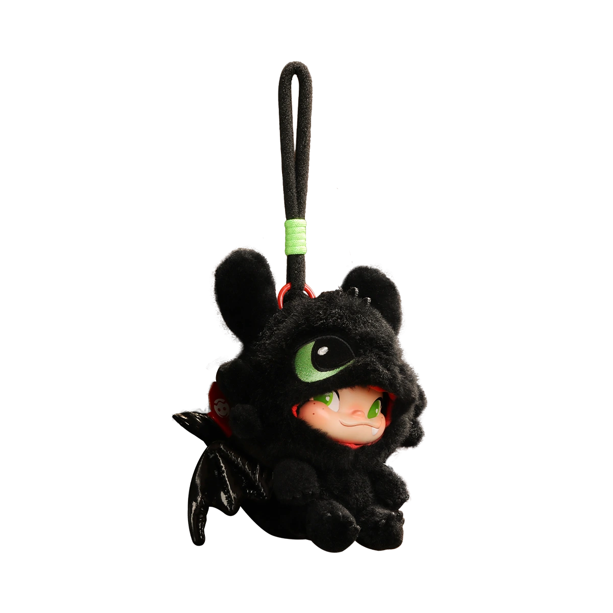 NINNIC dressed as Night Fury Toothless in black furry costume with green eyes, limited edition plush by 52TOYS