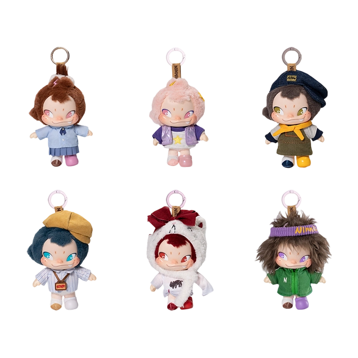 Full lineup of six NINNIC Wild & Free plush keychain figures across everyday personas, blind box