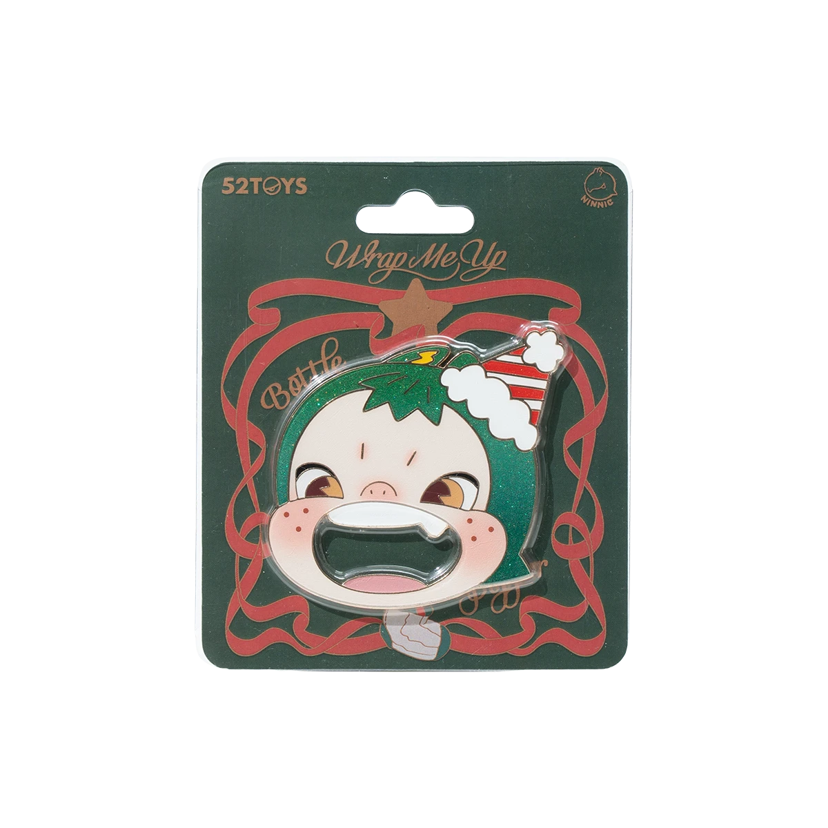Blister-card packaging showing the festive face opener of the Ninnic Wrap Me Up Bottle Popper