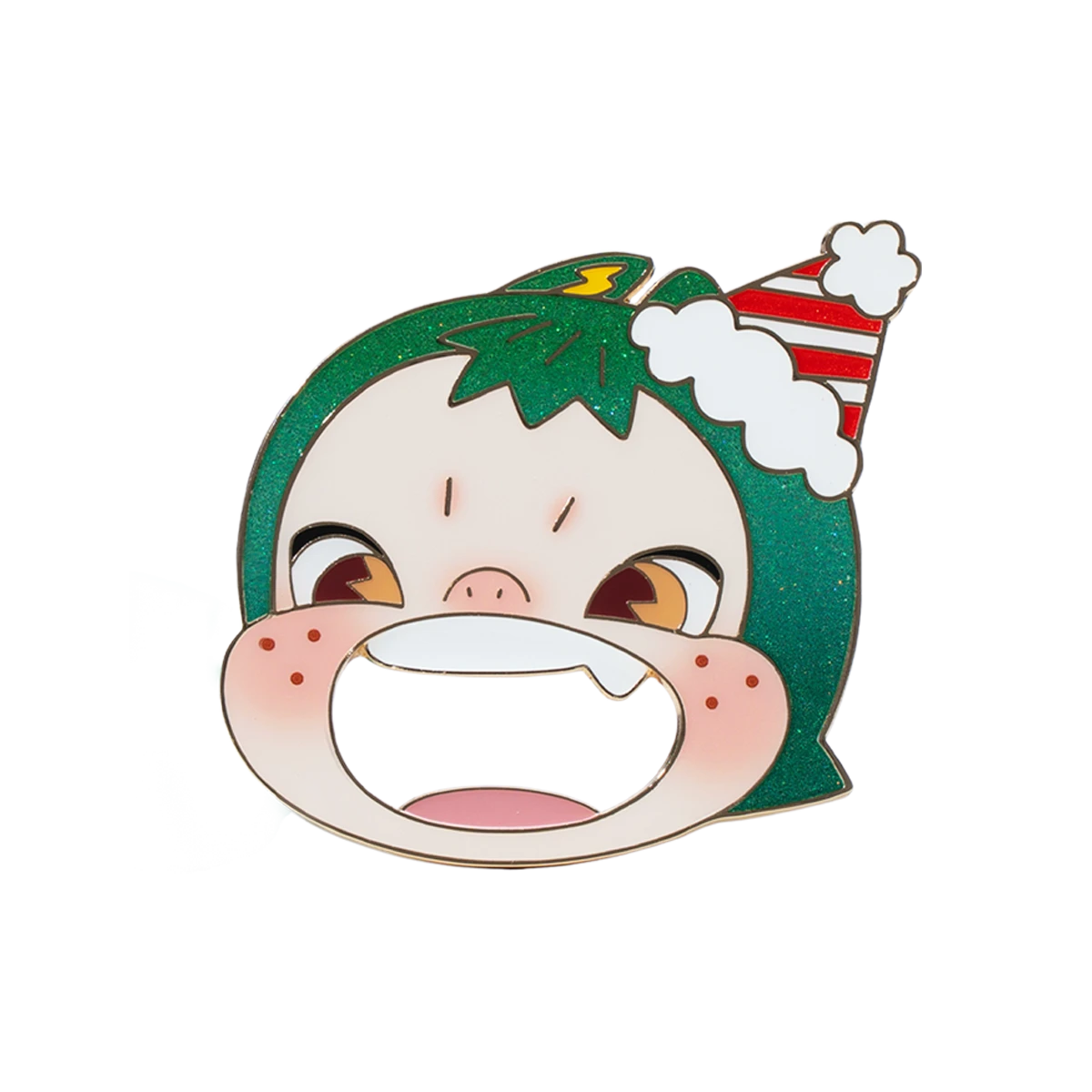 Green-hooded character face enamel pin with grin and party hat, Ninnic Wrap Me Up Bottle Popper