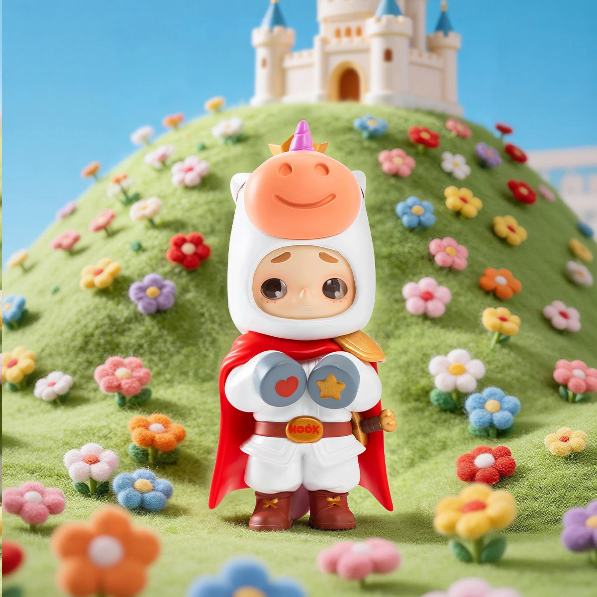 NOOK Little Knight unicorn-knight figure standing on a flowery castle hill, Wish Island holiday edition