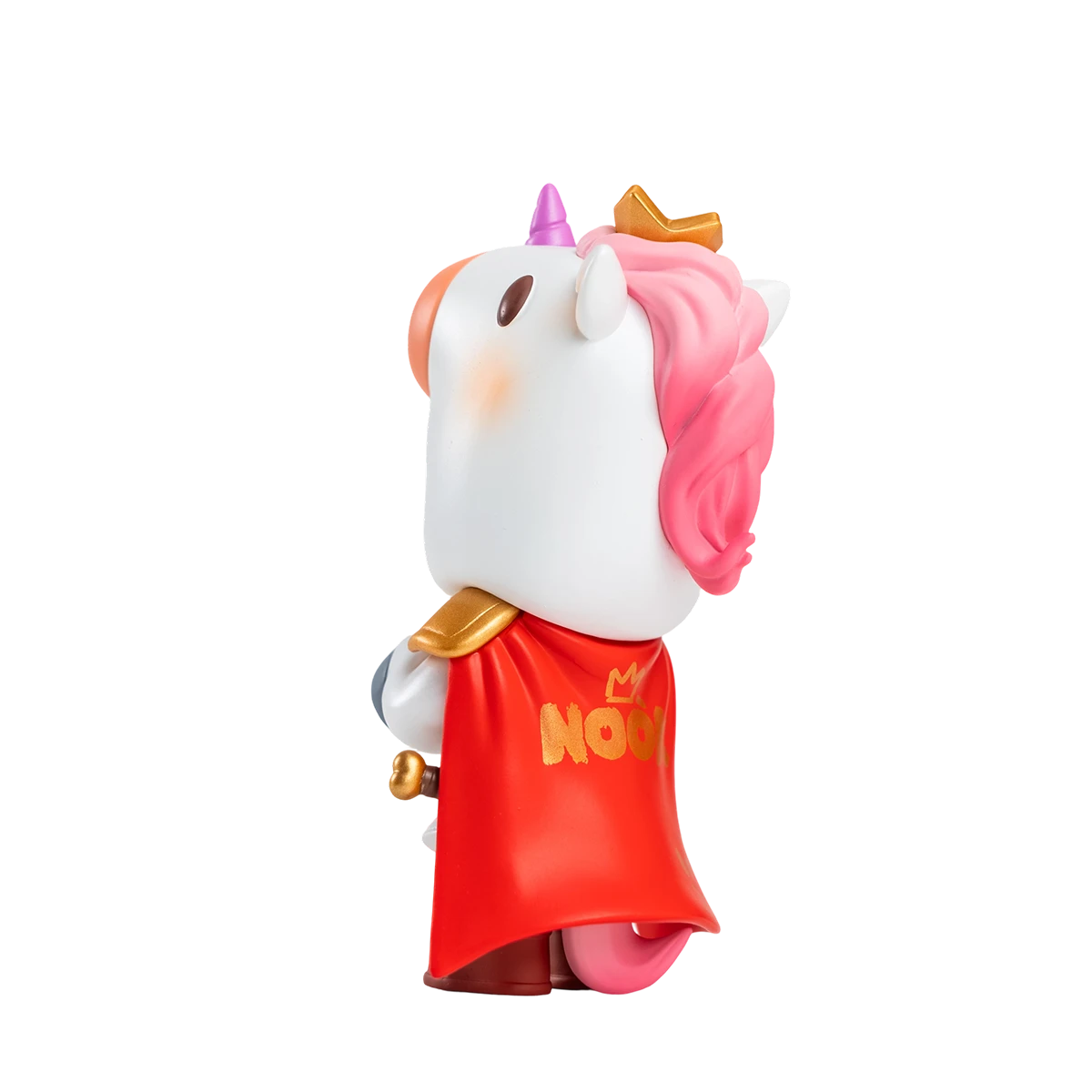 Side view of NOOK Little Knight with purple unicorn horn, pink mane and red NOOK cape, Wish Island edition