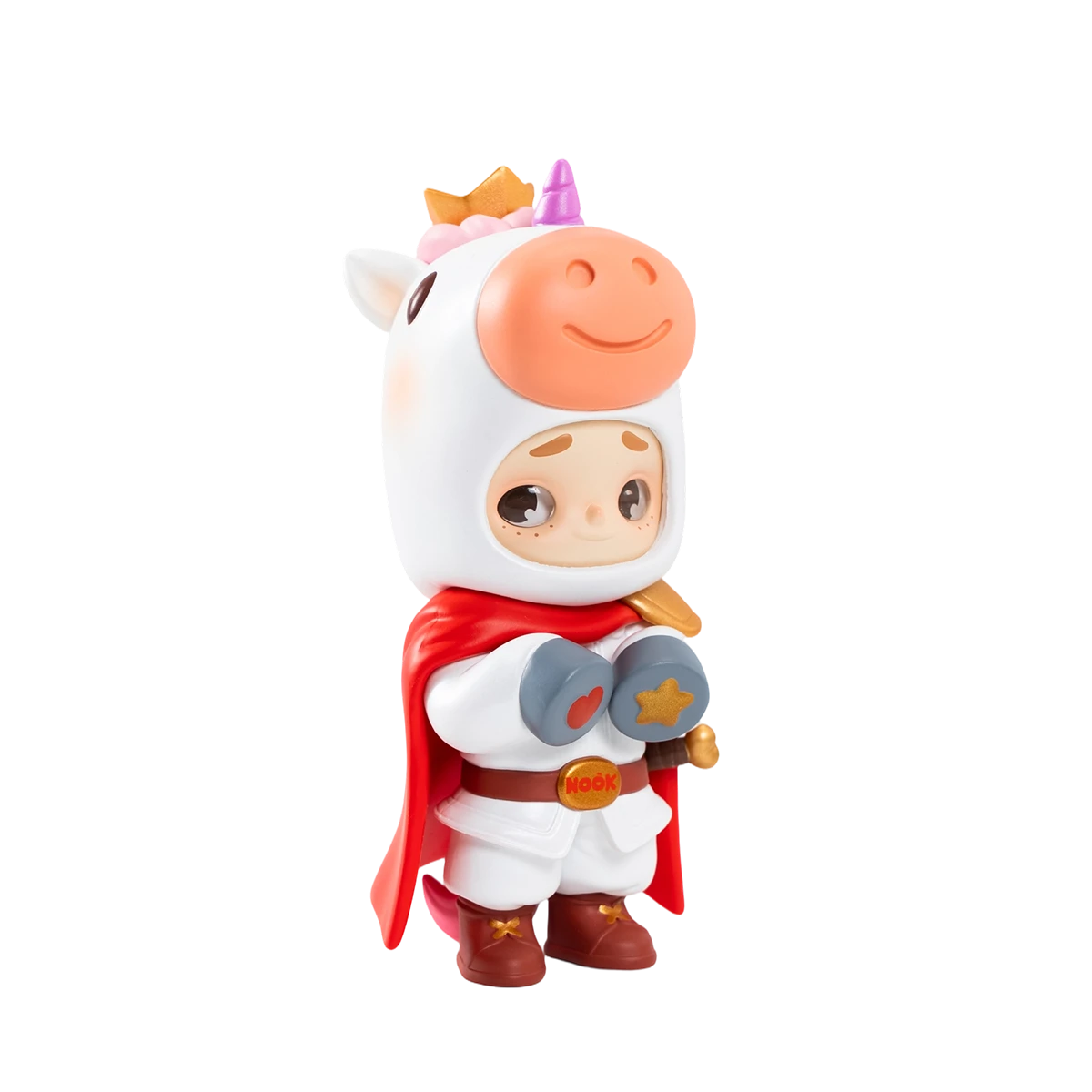 NOOK Little Knight in white unicorn hood, gold star, armor and red cape, Wish Island holiday edition