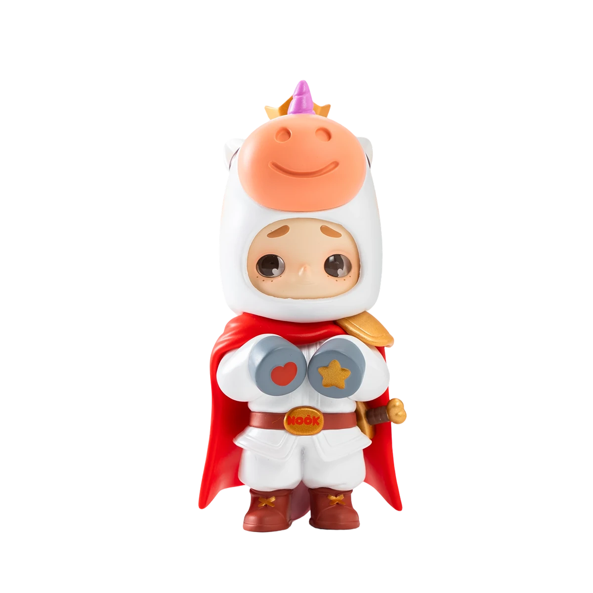 NOOK Little Knight in white unicorn hood, star-eyed armor and red cape with NOOK belt, Wish Island holiday edition