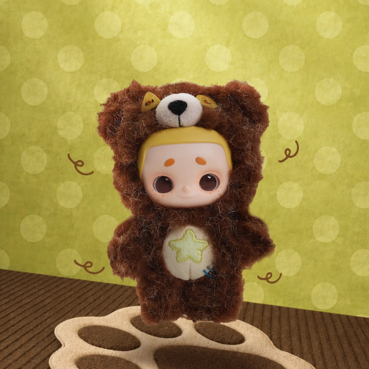 NOOK plush in a brown bear costume with green star belly patch