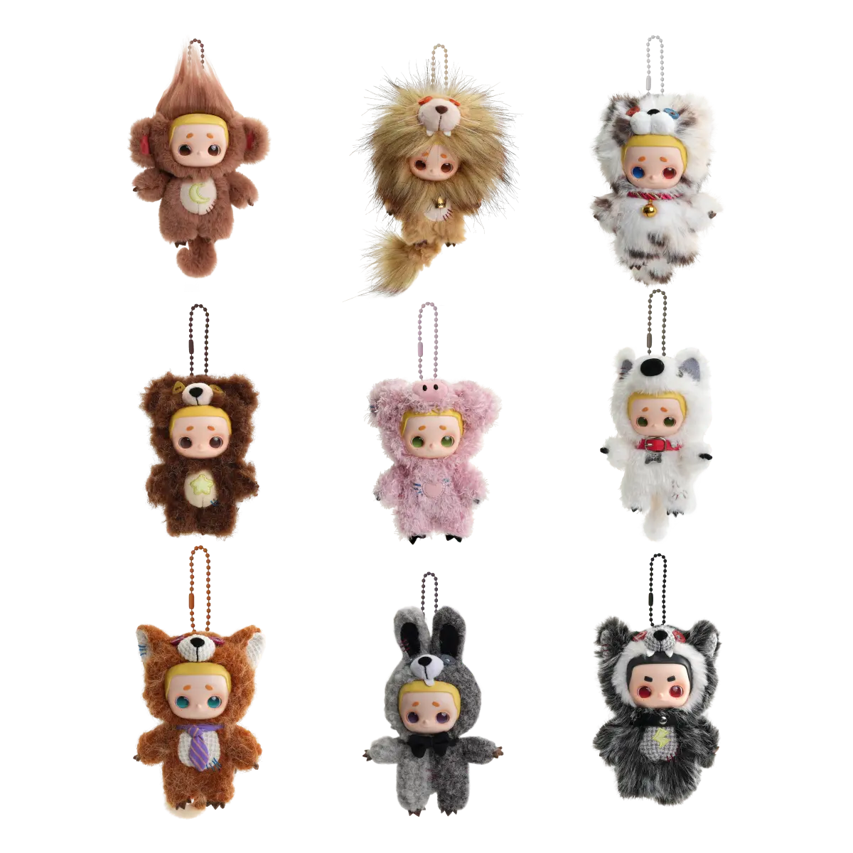 Complete NOOK Animal Boyfriend lineup of nine animal costume plush keychains