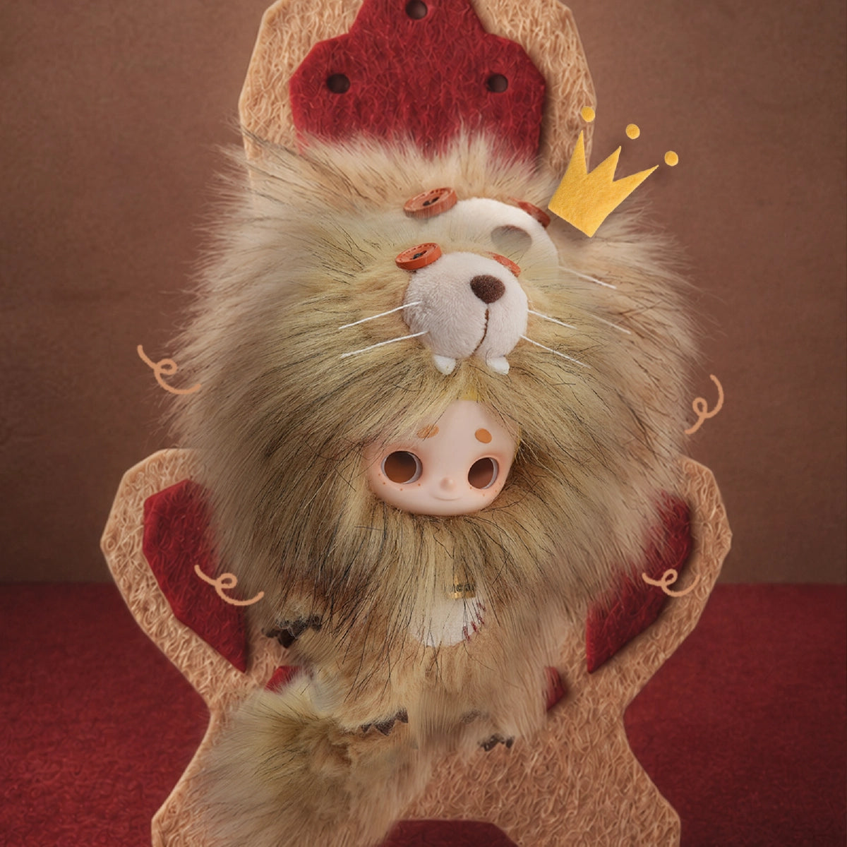 NOOK plush in a shaggy lion costume posed against a lion silhouette