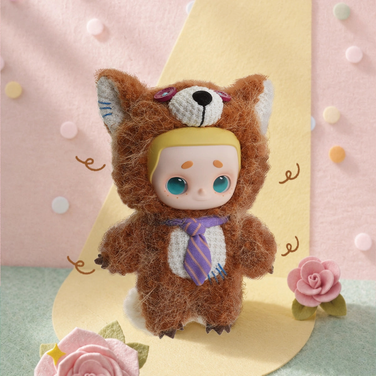 NOOK plush in a brown fox costume with purple tie among pastel flowers