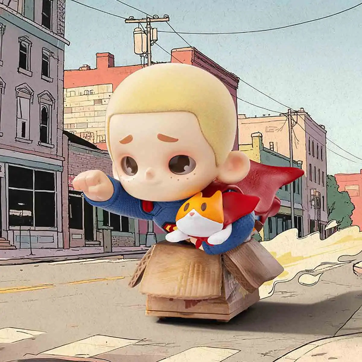 NOOK Cardboard Superman soaring over a comic-style city street on his cardboard box with caped JIUMI