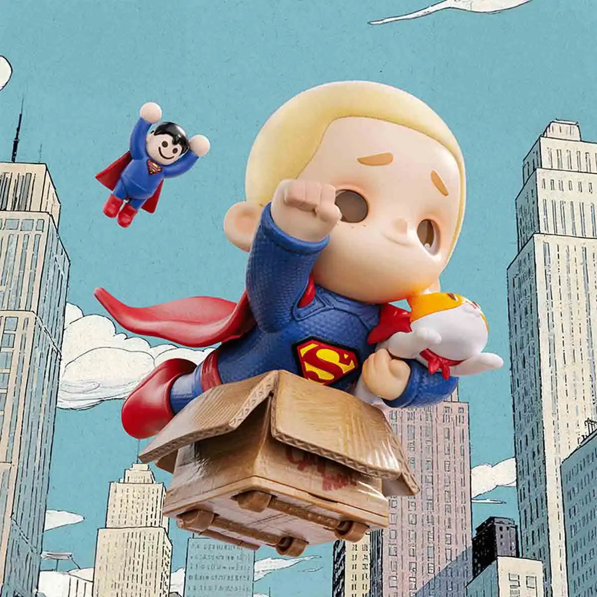 NOOK Cardboard Superman flying past skyscrapers holding JIUMI as classic Superman trails behind
