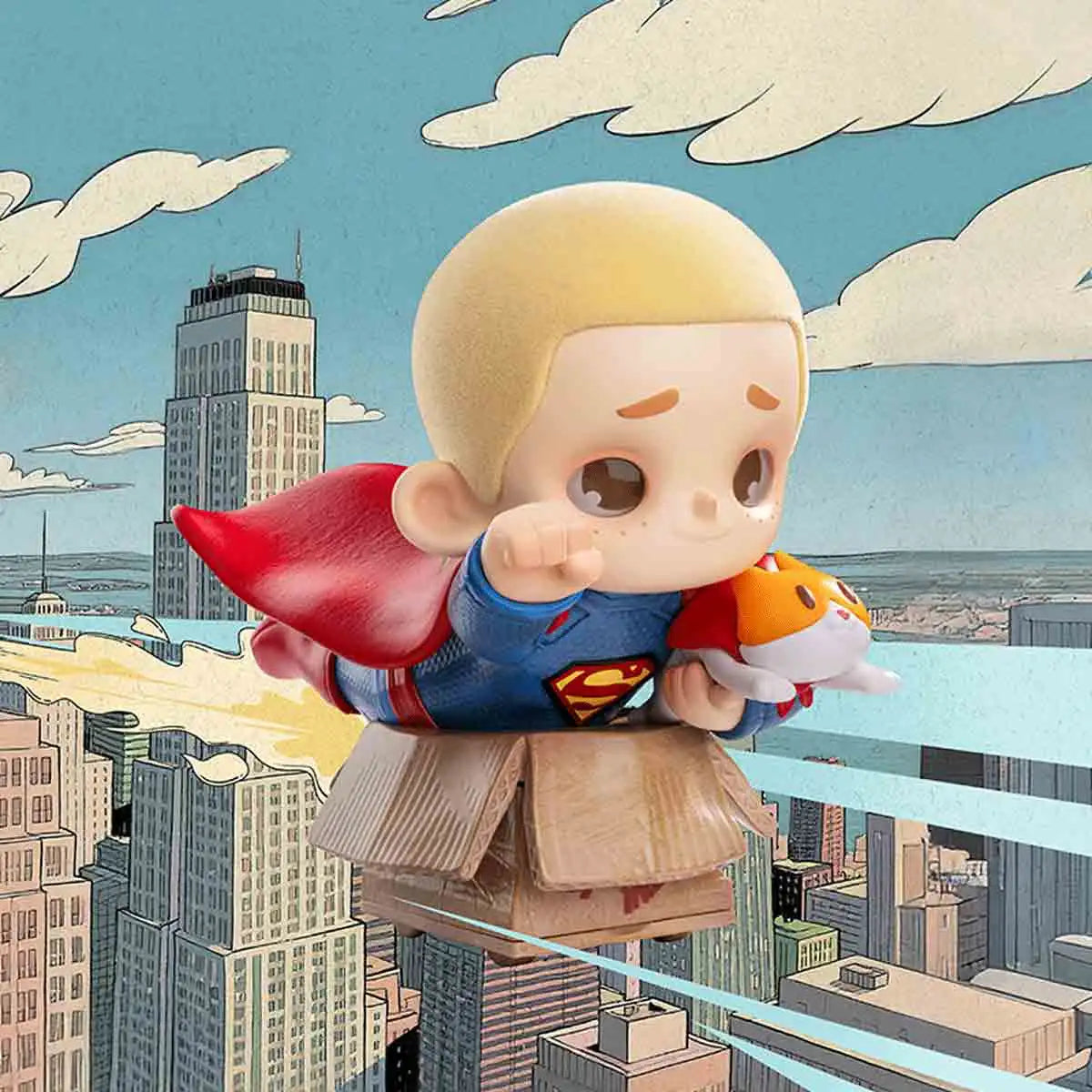 NOOK Cardboard Superman gliding above a comic cityscape on his cardboard box with JIUMI tucked under his arm