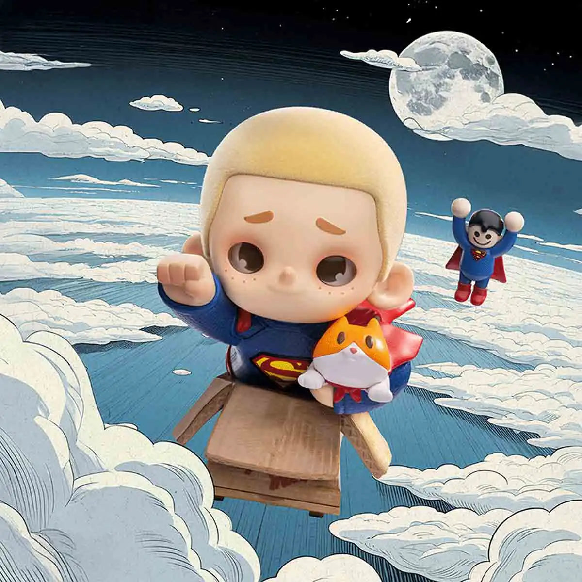 NOOK Cardboard Superman flying through moonlit clouds on his box beside caped JIUMI