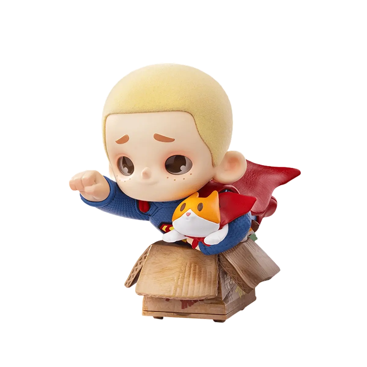 NOOK as Cardboard Superman in blue suit and red cape flying on a cardboard box clutching JIUMI