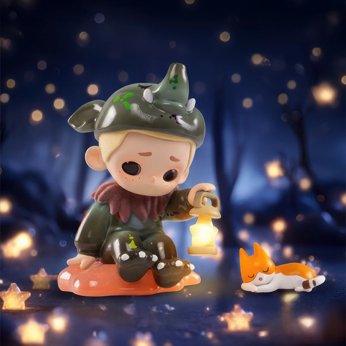 NOOK Dream Eating Tapir on his orange cloud with star lamp and sleeping corgi in a candlelit night