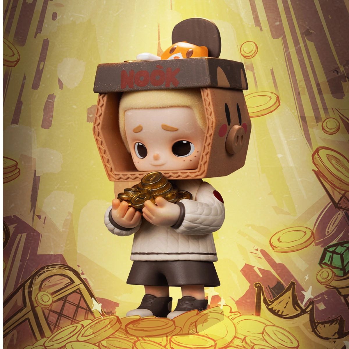 Fortune Collector NOOK wearing a cardboard piggy-bank box helmet cradling gold coins, NOOK In Vintage Store
