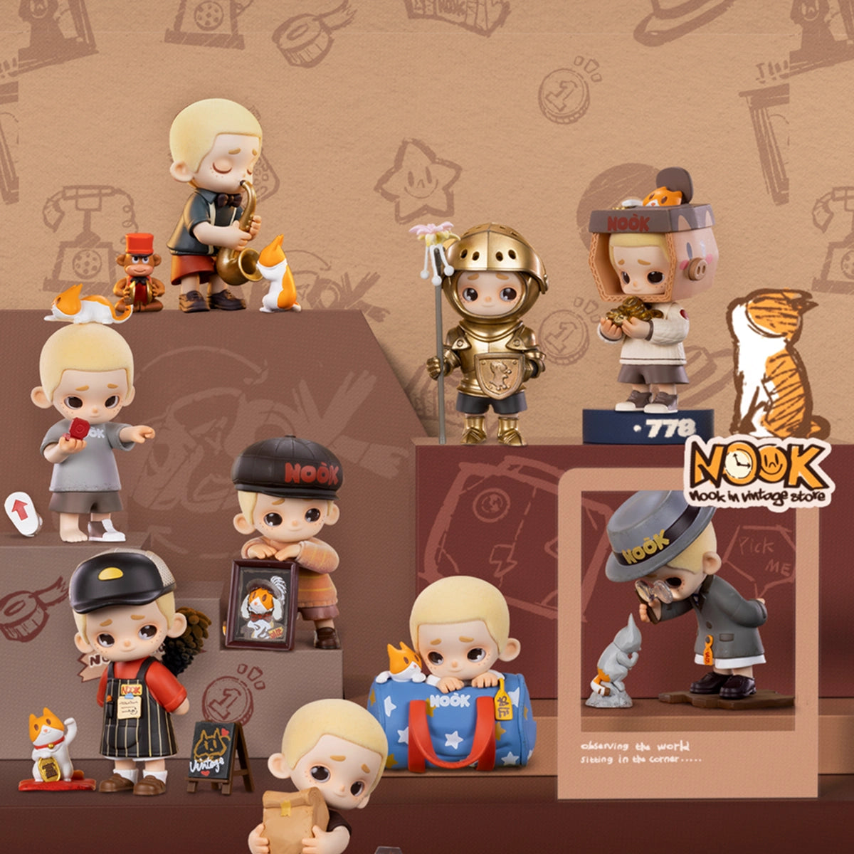 Full lineup of NOOK In Vintage Store figures arranged on display steps, vintage-shop blind box series