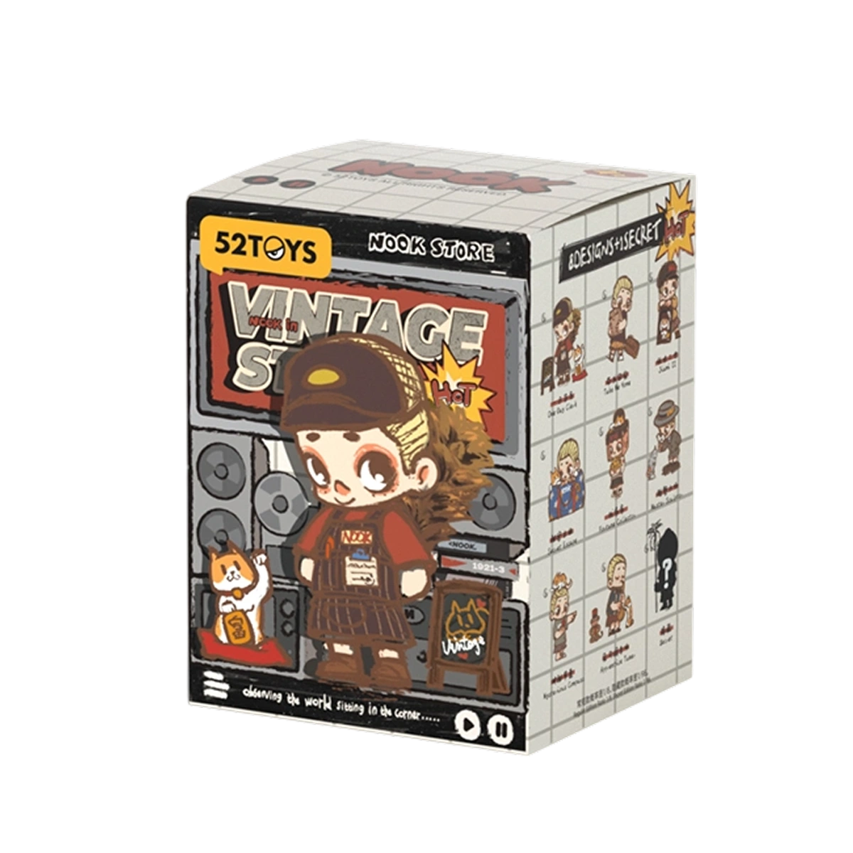 NOOK In Vintage Store blind box packaging featuring the Cat Knight figure and series art