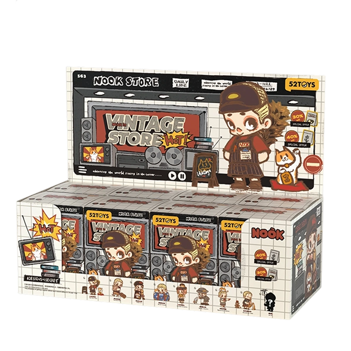 NOOK In Vintage Store full case packaging showing the figure lineup, blind box display box