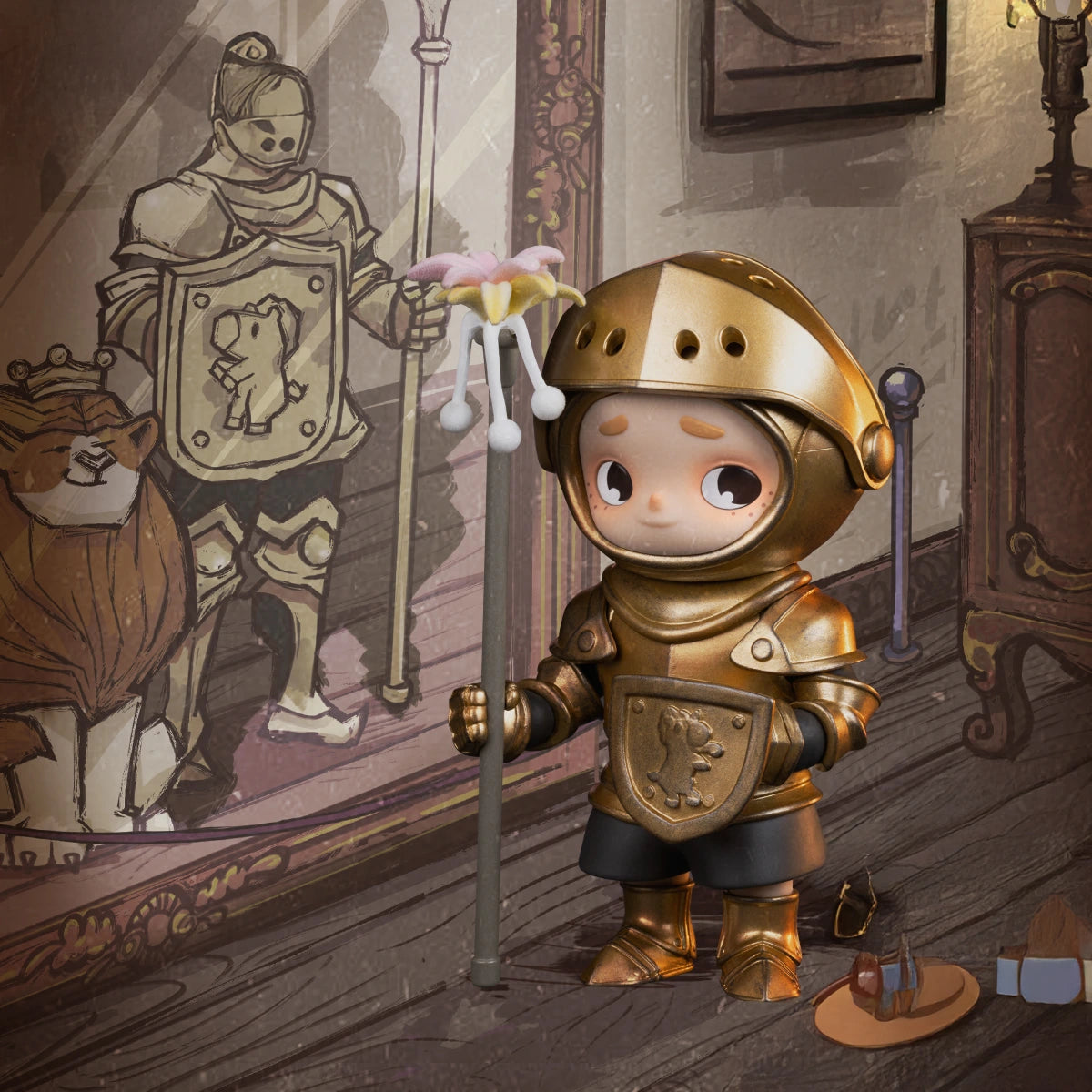 Cat Knight NOOK in aged gold medieval armor holding a feather cat-teaser staff, secret NOOK In Vintage Store figure