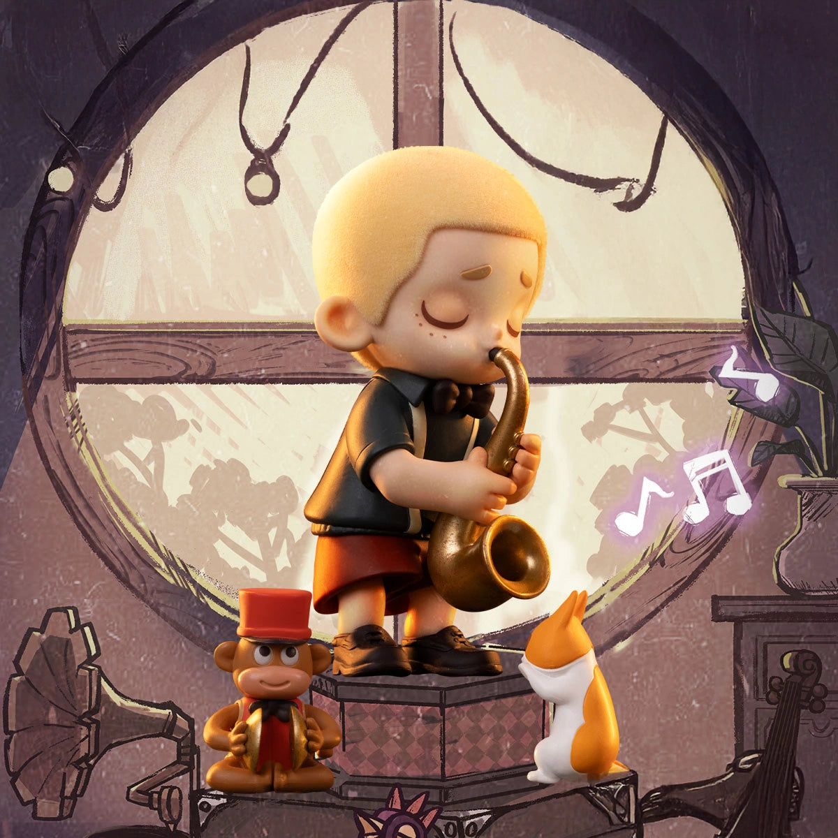 NOOK playing saxophone by a window beside an orange-white cat and toy monkey, NOOK In Vintage Store