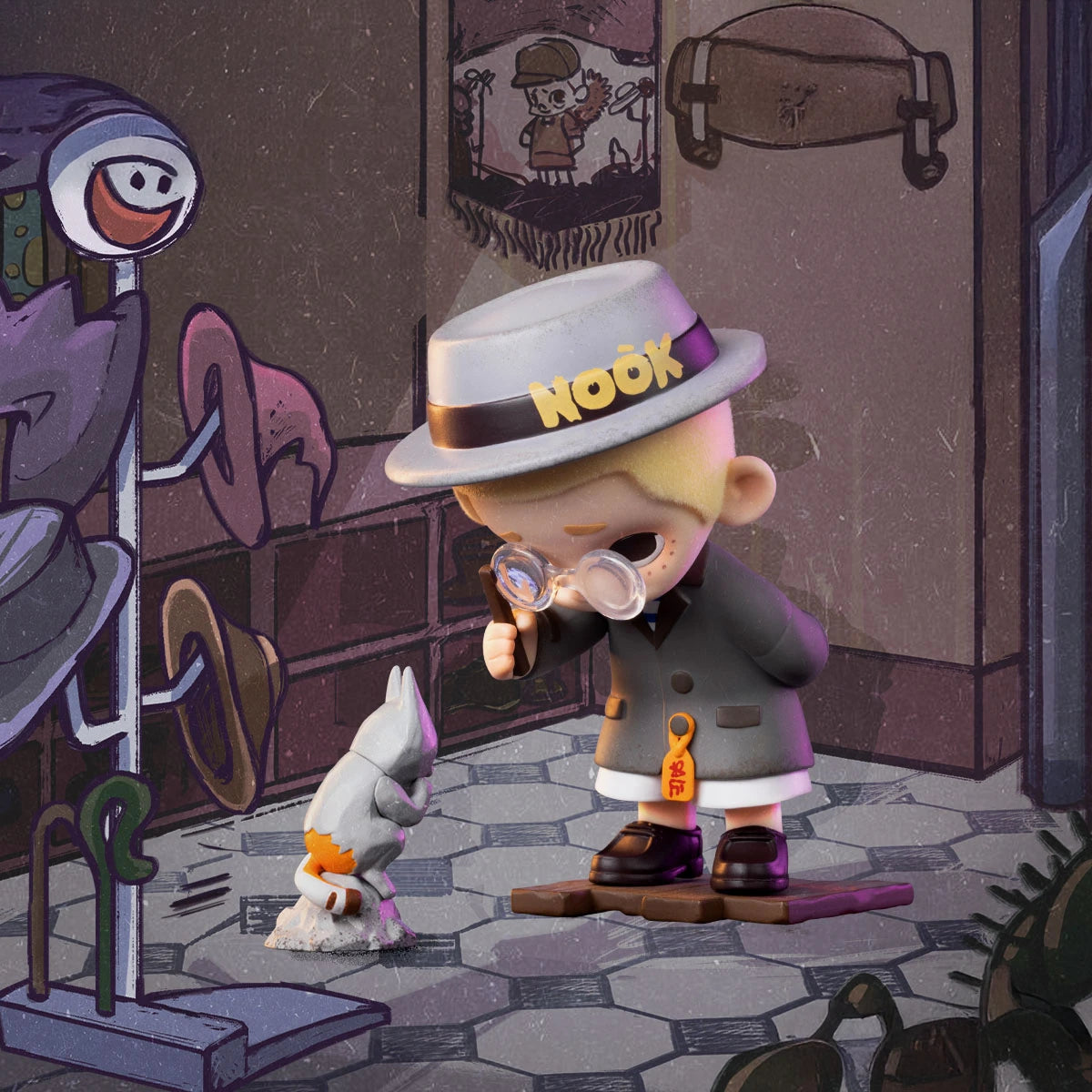 Apprentice Tuner NOOK in gray trench coat and fedora using a magnifier over a stone cat, NOOK In Vintage Store