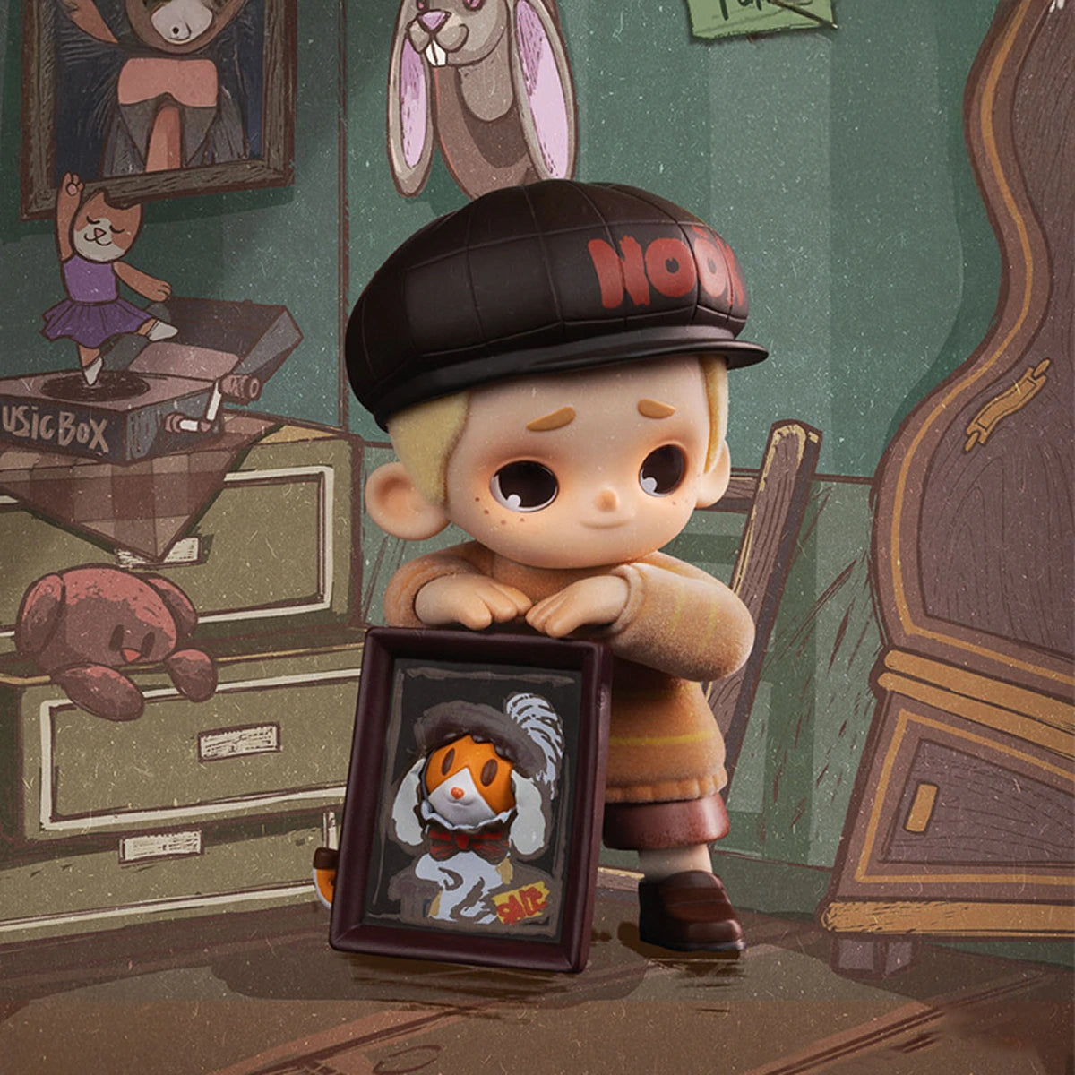 Jiumi II NOOK in black newsboy cap leaning on a framed corgi-dog picture, NOOK In Vintage Store figure