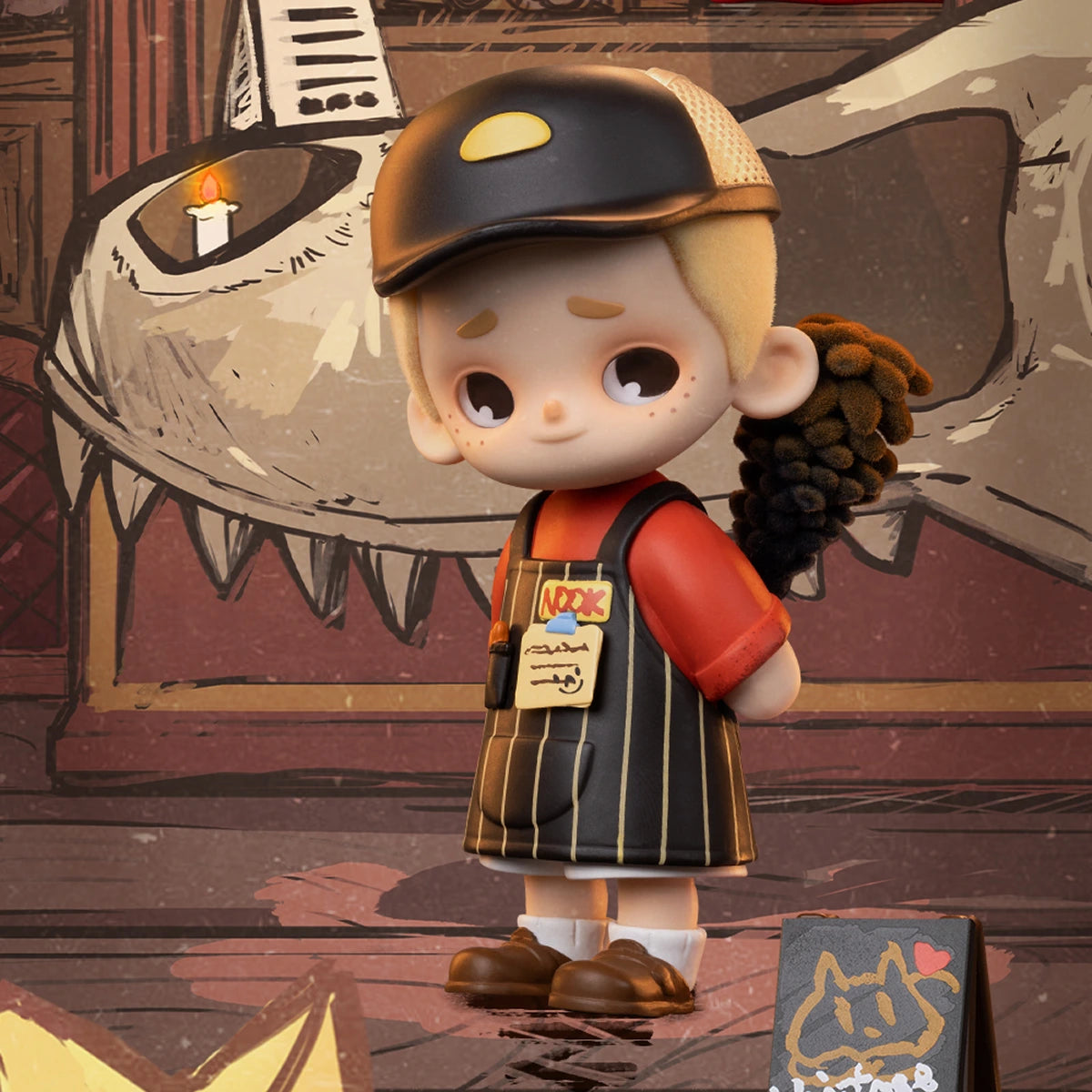 One-Day Clerk NOOK in striped apron and flat cap holding a feather duster, NOOK In Vintage Store figure