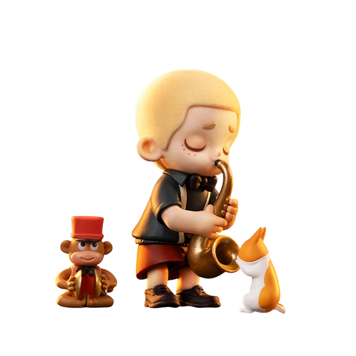 NOOK figure playing a saxophone beside an orange-and-white cat and a toy monkey, NOOK In Vintage Store blind box