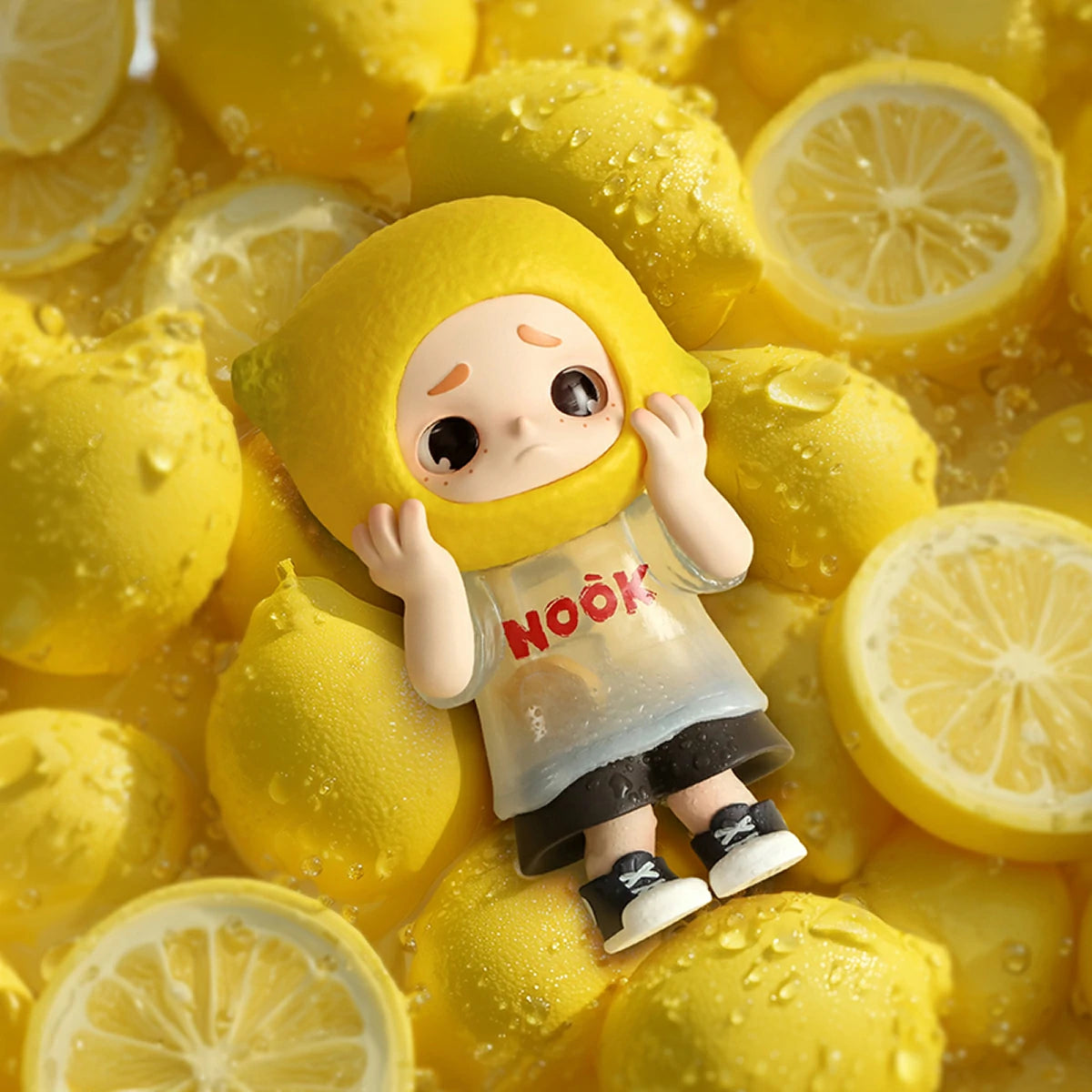 NOOK Lemon Soda 100% figure resting on a bed of fresh dewy lemons, limited edition