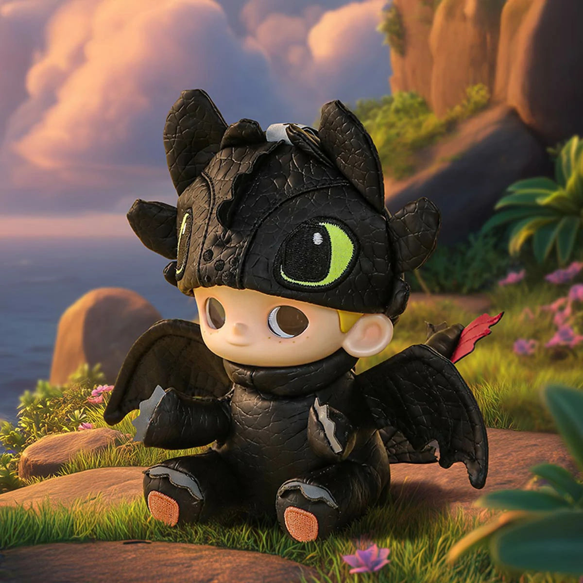NOOK as Toothless on a flowery cliff with blonde hair peeking out, NOOK x Toothless limited edition