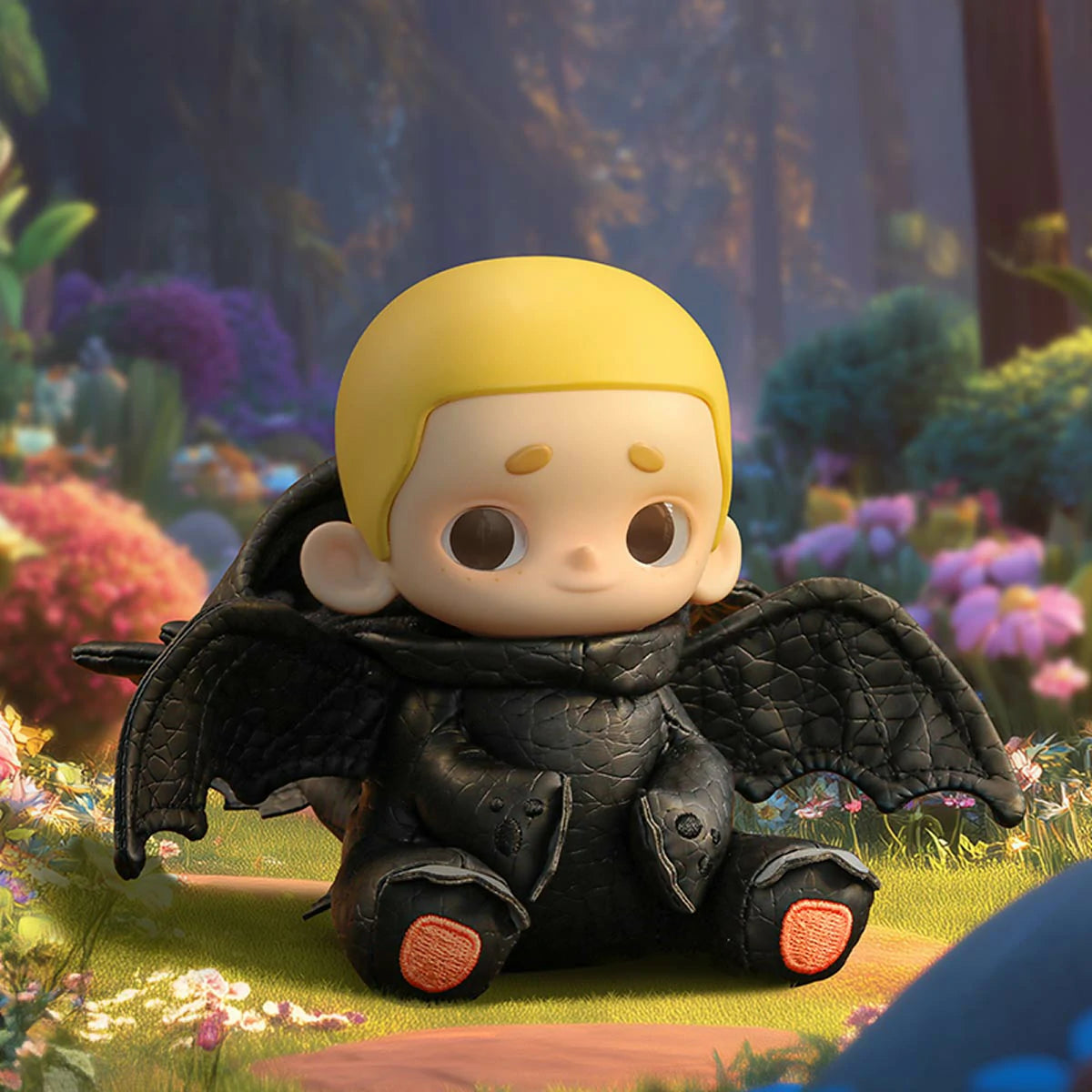 Back of NOOK as Toothless showing black scaly wings in a forest, NOOK x Toothless limited edition