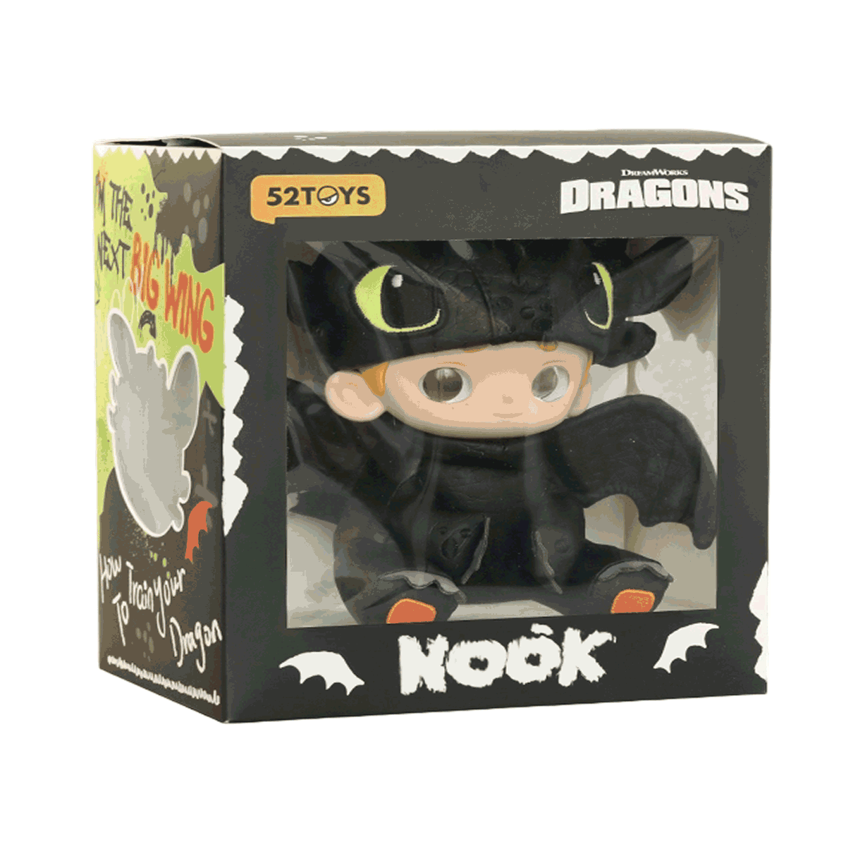 NOOK dressed as Toothless inside the How to Train Your Dragon limited-edition window box