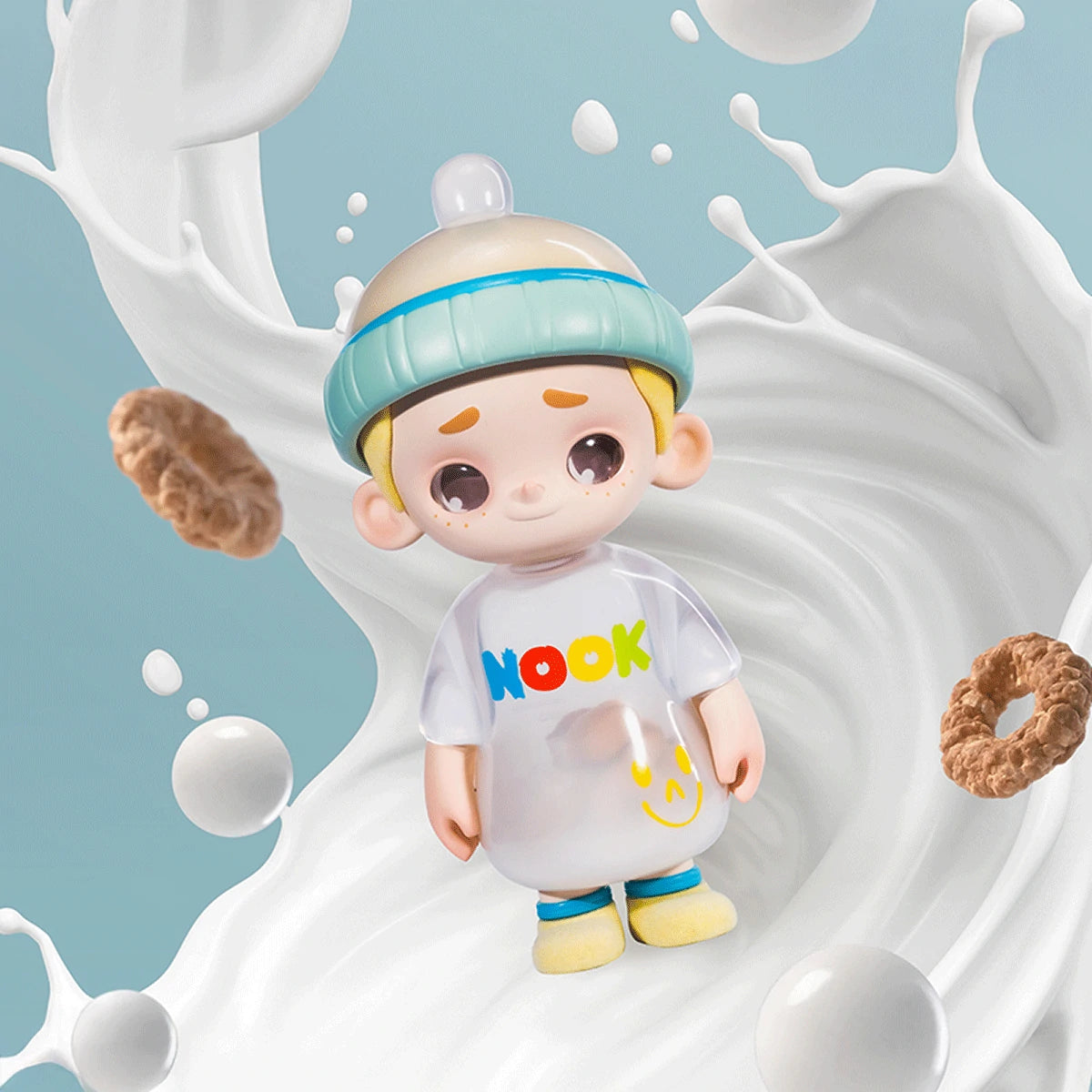 NOOK Milk Bottle 150% figure amid splashing milk and cereal rings, limited edition