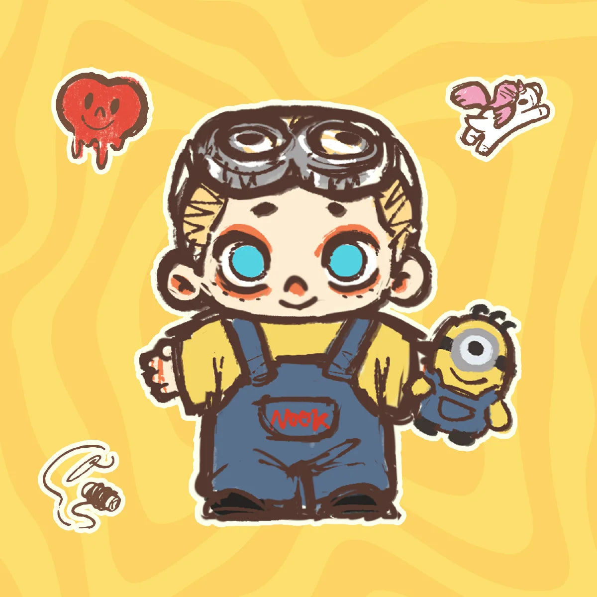 Illustration of NOOK dressed as Henry the Minion and holding a Minion plush