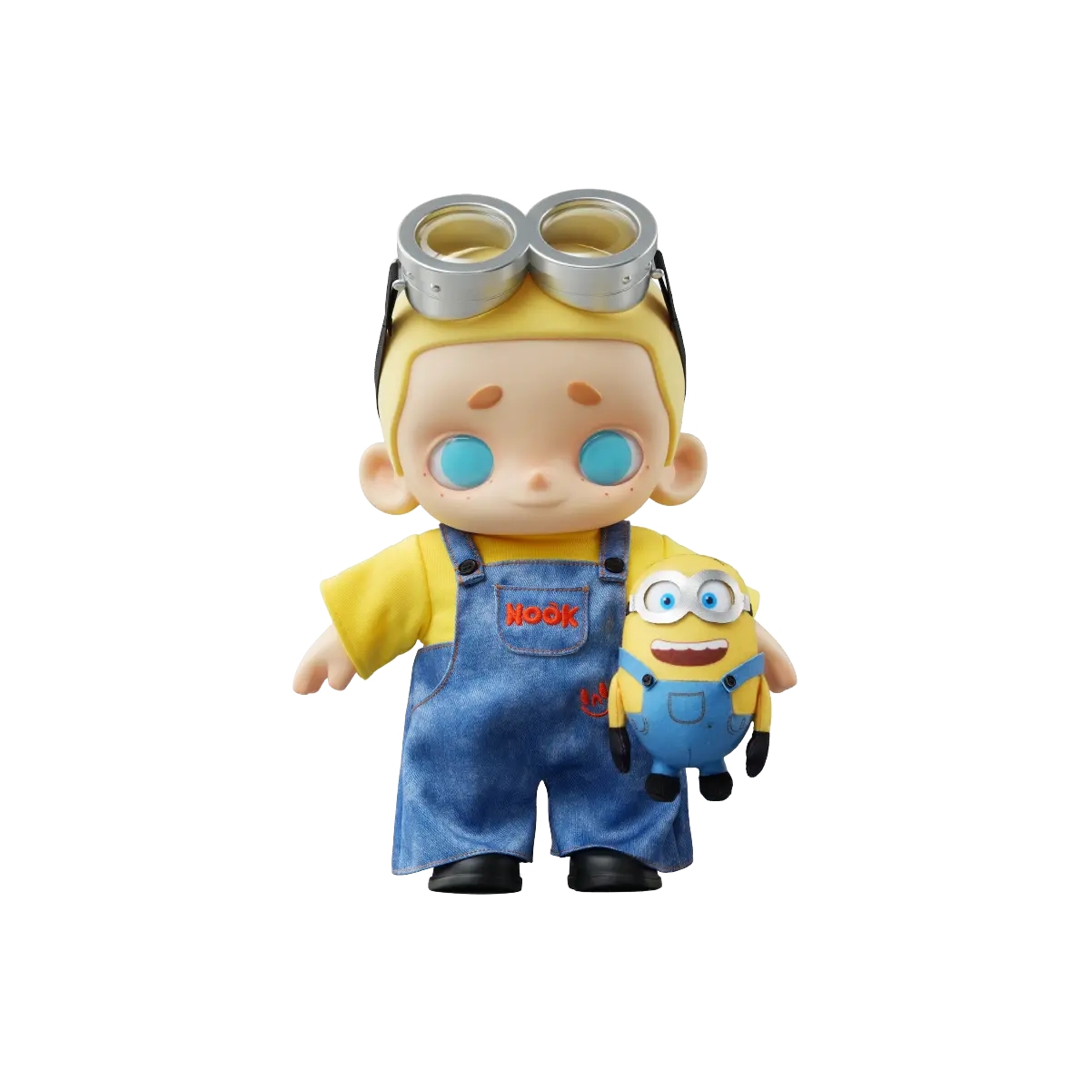 NOOK dressed as Henry the Minion in denim overalls and goggles while holding a Minion plush