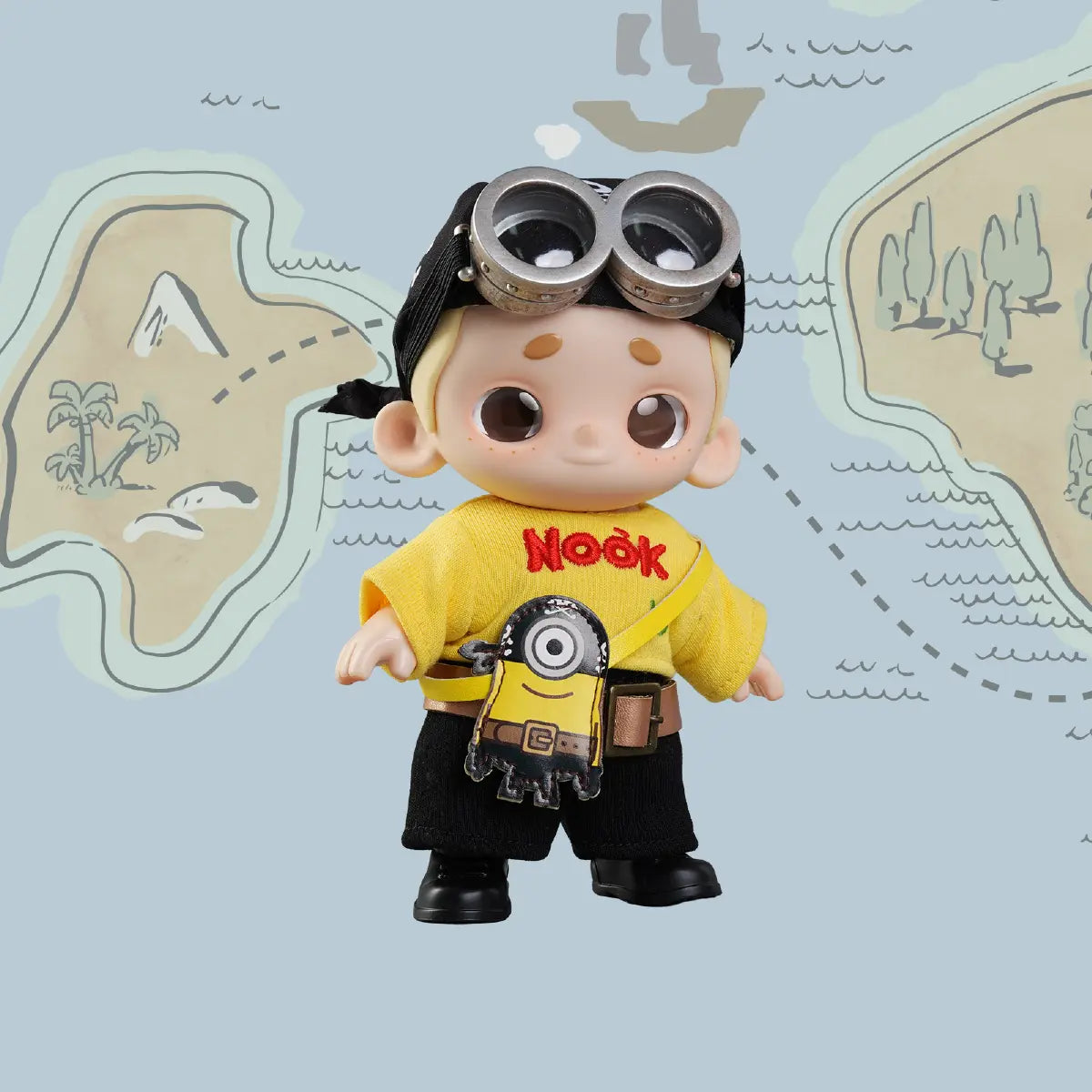 NOOK Pirate Minion Carl plush figure posed in front of a treasure map