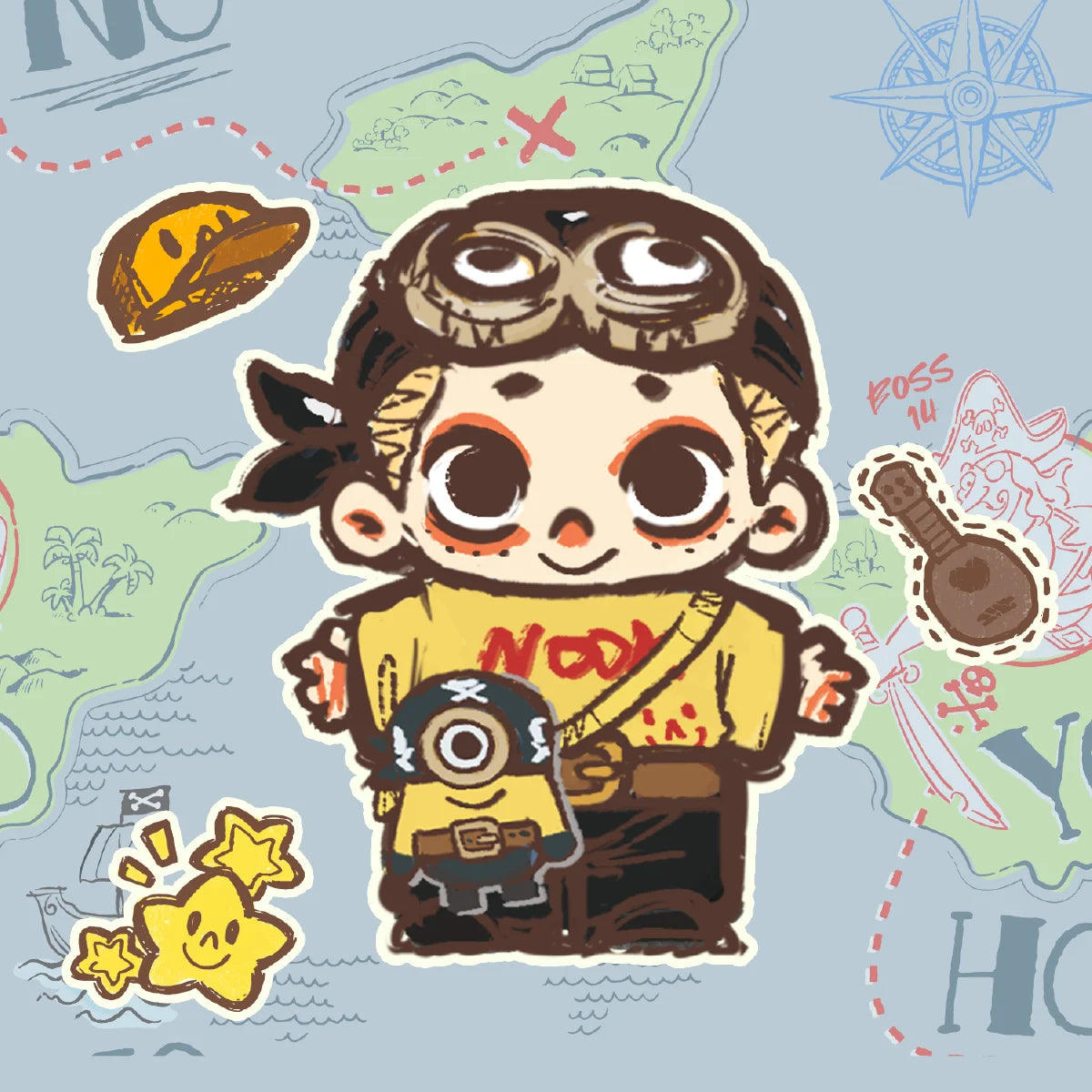 Illustration of NOOK dressed as Pirate Minion Carl with Minion belt bag