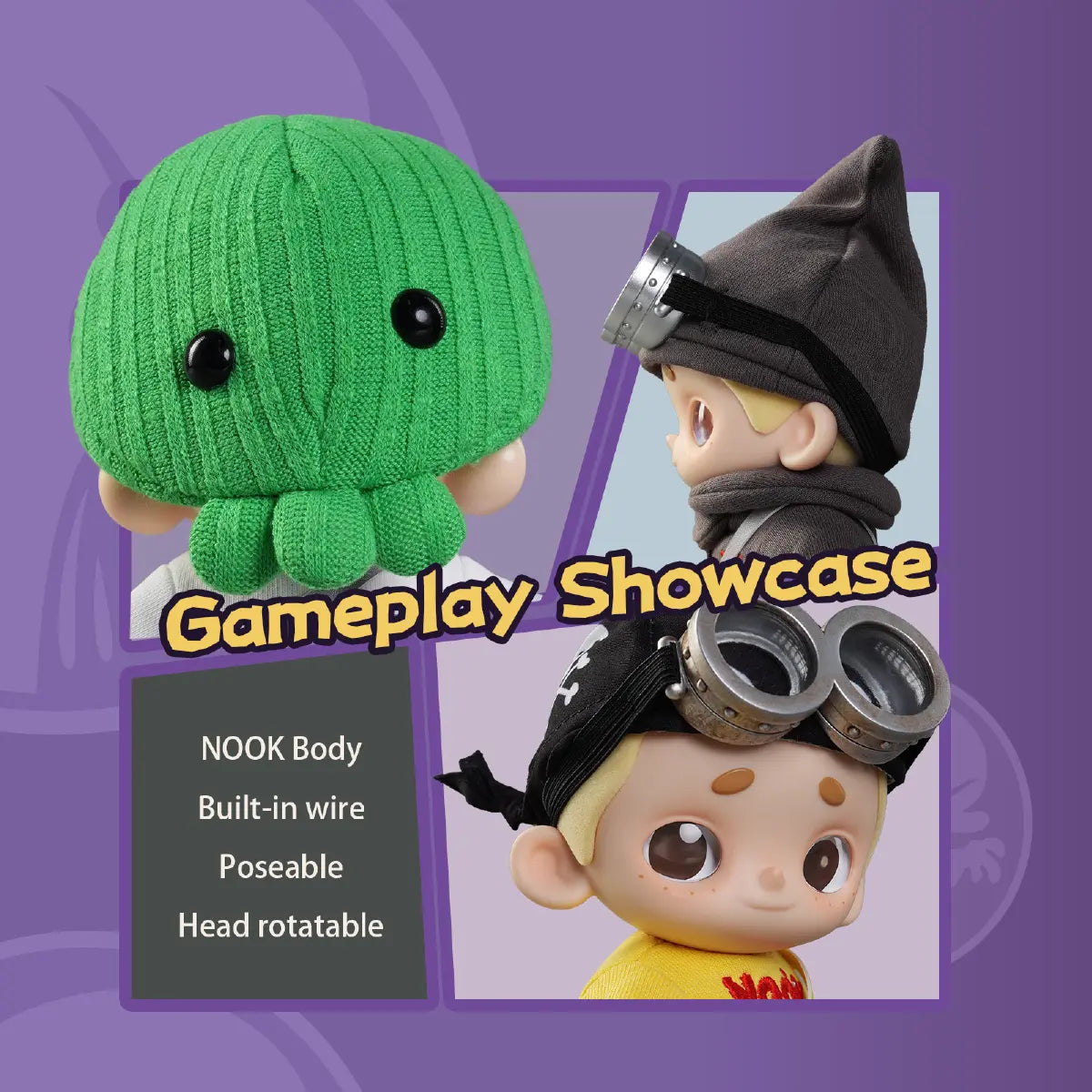 NOOK x Minions feature guide showing poseable wired body and rotating head