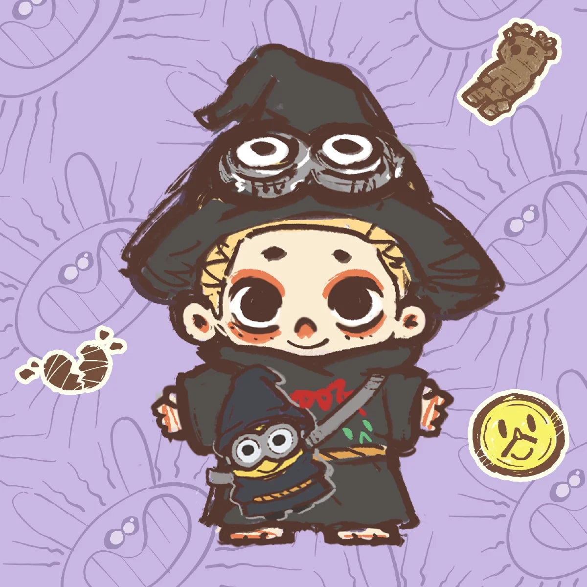 Illustration of NOOK dressed as Wizard Minion Ed in a dark hooded robe