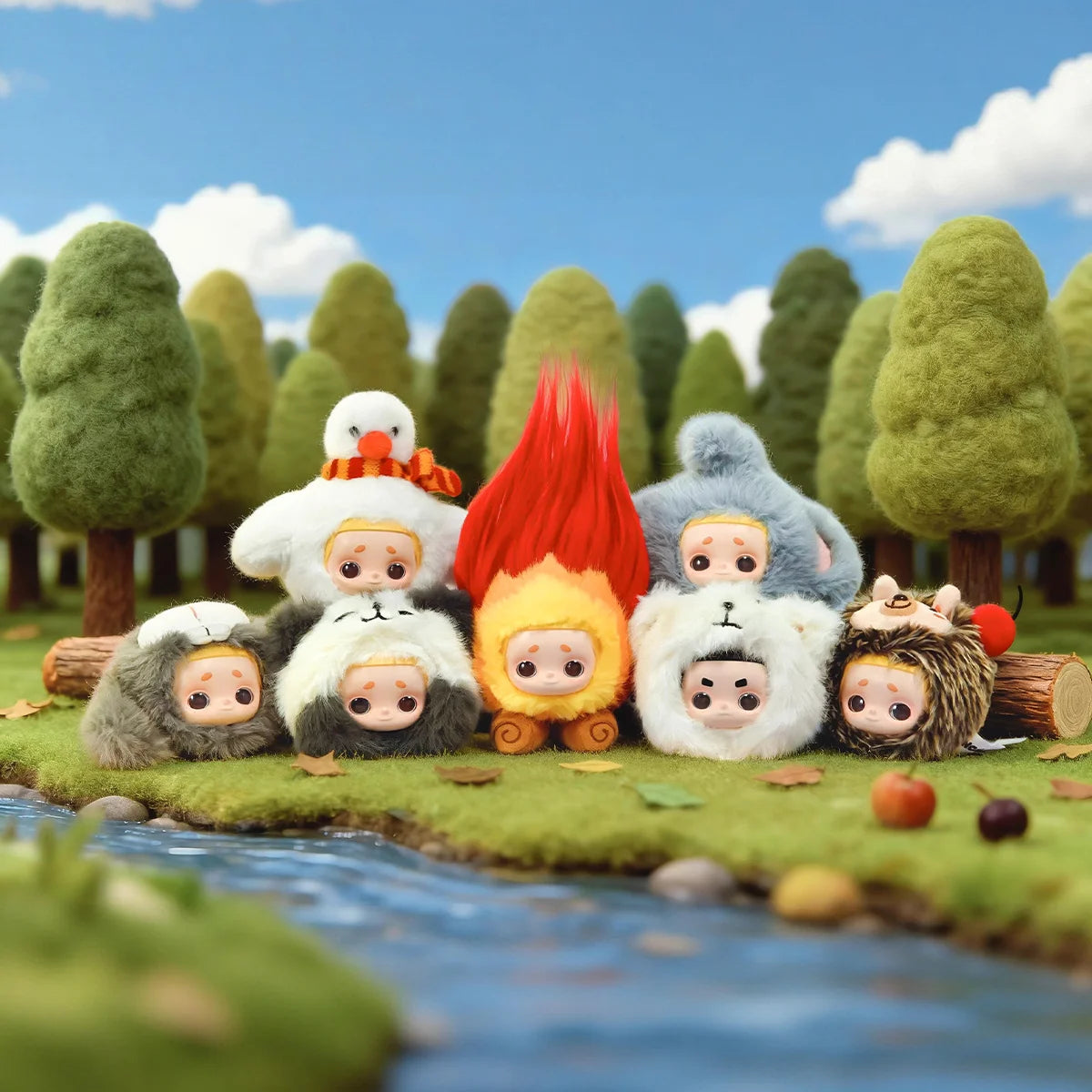 Full lineup of Nook figures in forest-animal hoods gathered by a campfire, My Date with the Forest