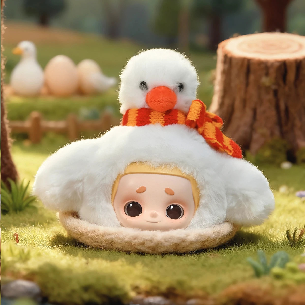 Lost Goose Nook in a white goose hood with a goose and orange scarf perched on top, My Date with the Forest