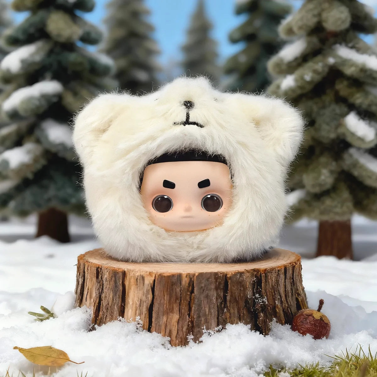 Polar Brave Nook in a white polar-bear hood with stern eyebrows on a snowy stump, My Date with the Forest