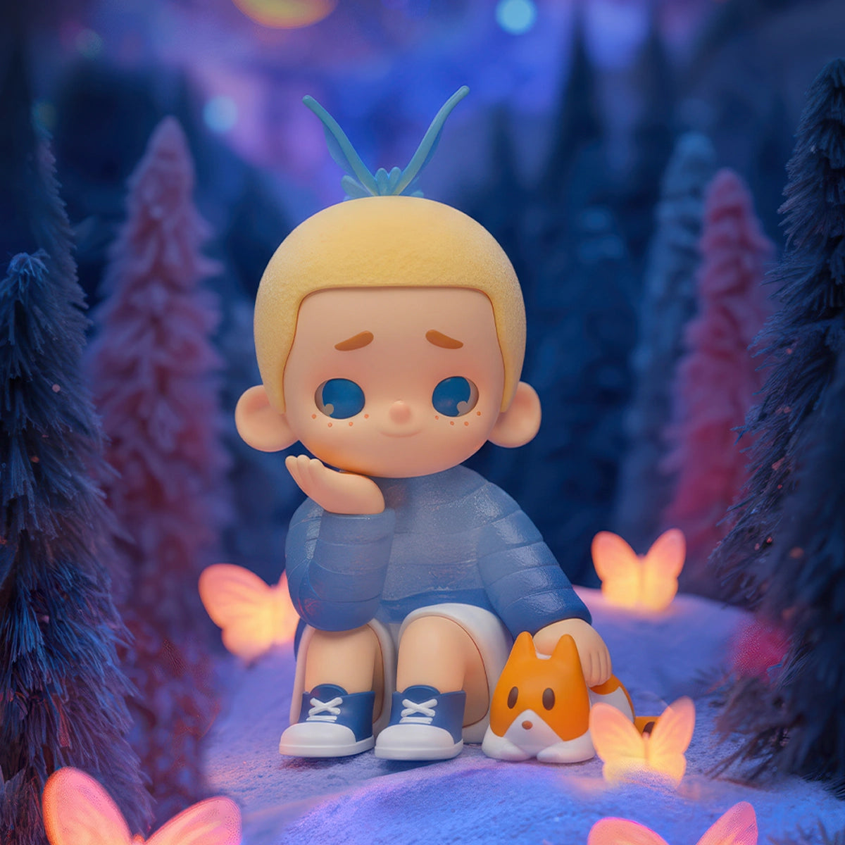 The Blue Hour NOOK in pale blue pajamas with glow butterfly antenna and a cat, My Little Universe At Night