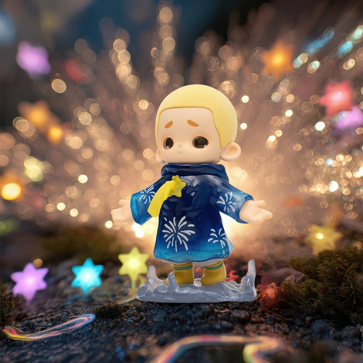 Fireworks and Meteors NOOK in firework-print robe among glowing stars, NOOK My Little Universe At Night