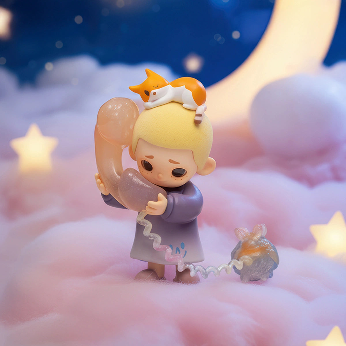 Nebula Phone Call NOOK holding a pearlescent telephone with a cat asleep on his head, My Little Universe At Night