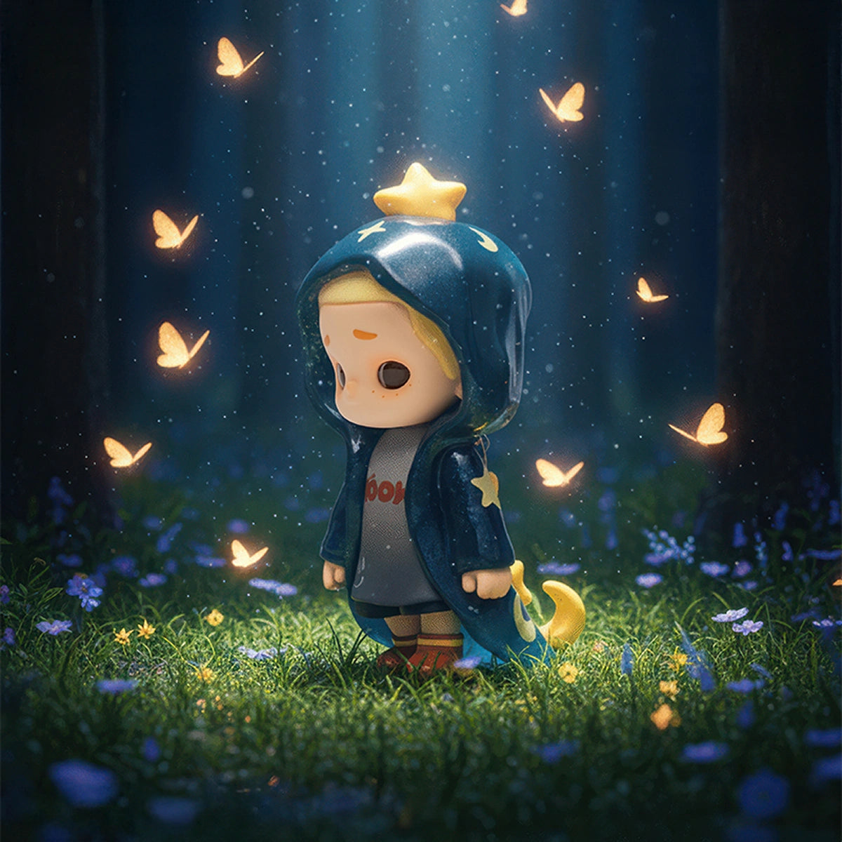 Galaxy Coat NOOK in a starry navy hooded coat among glowing butterflies, My Little Universe At Night