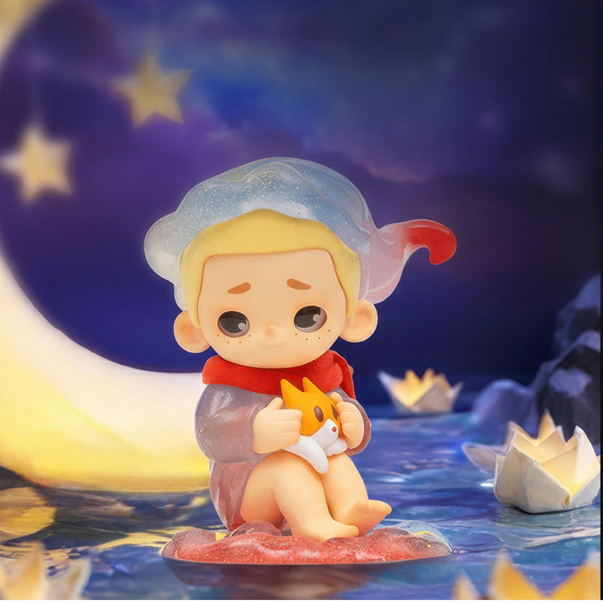 Sea of Stars NOOK in a sequined hood holding a cat among glowing paper stars, NOOK My Little Universe At Night