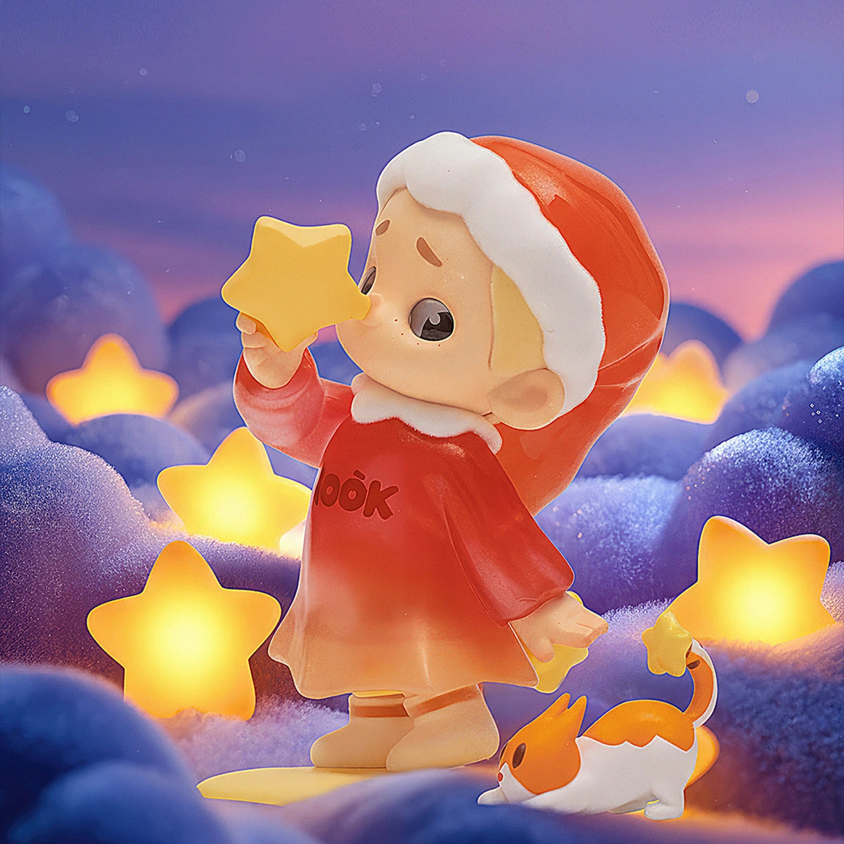 Starry Drink NOOK in a red fur-trimmed hood sipping a glowing yellow star, NOOK My Little Universe At Night