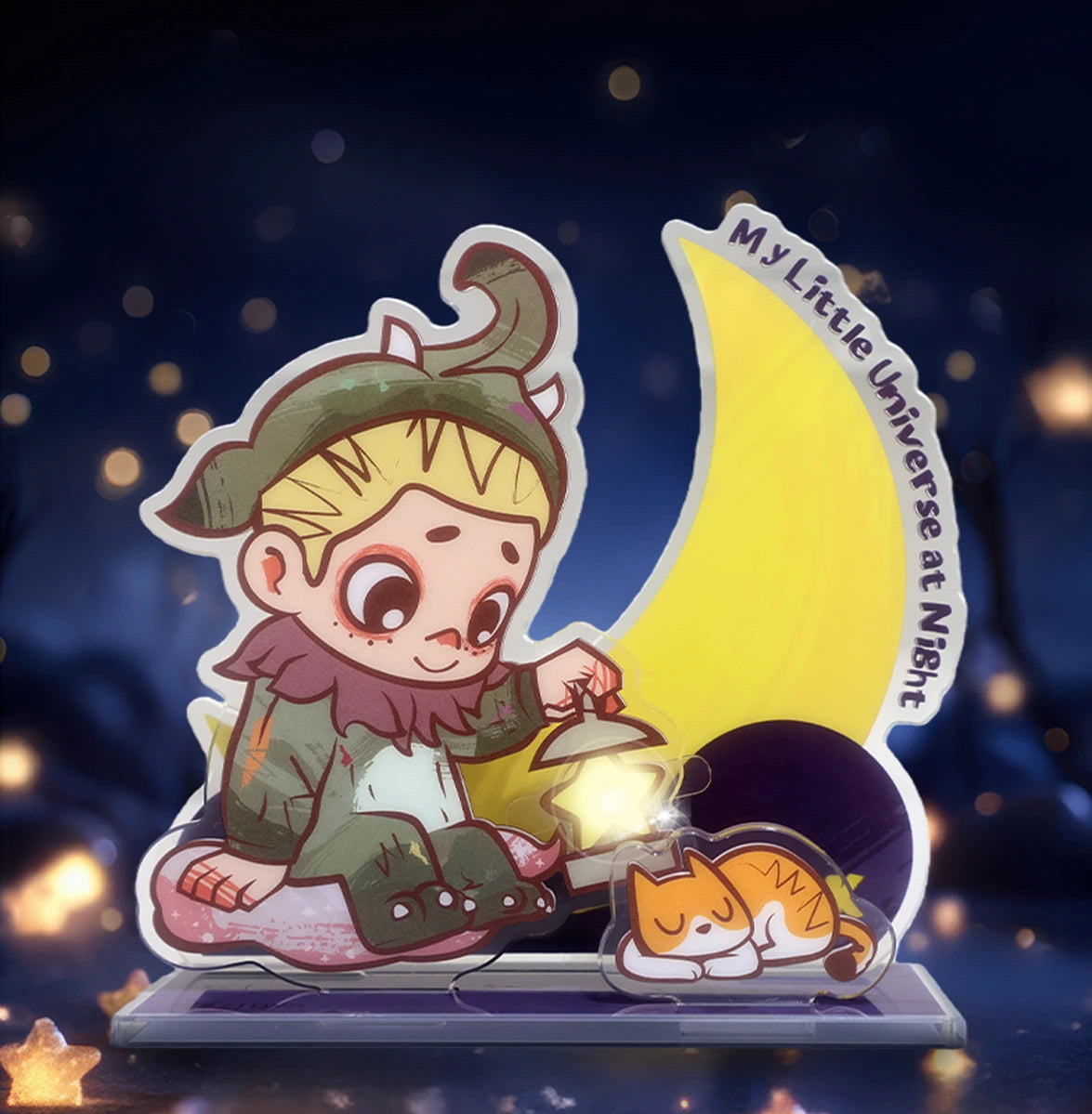 Dream Eating Tapir NOOK acrylic standee glowing on a starry night backdrop, My Little Universe at Night